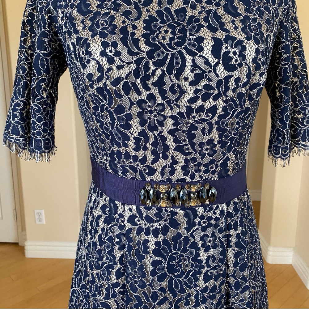 Eliza J Blue and Cream Lace A-line Mini Dress with 3/4 Sleeves - Picture 4 of 10